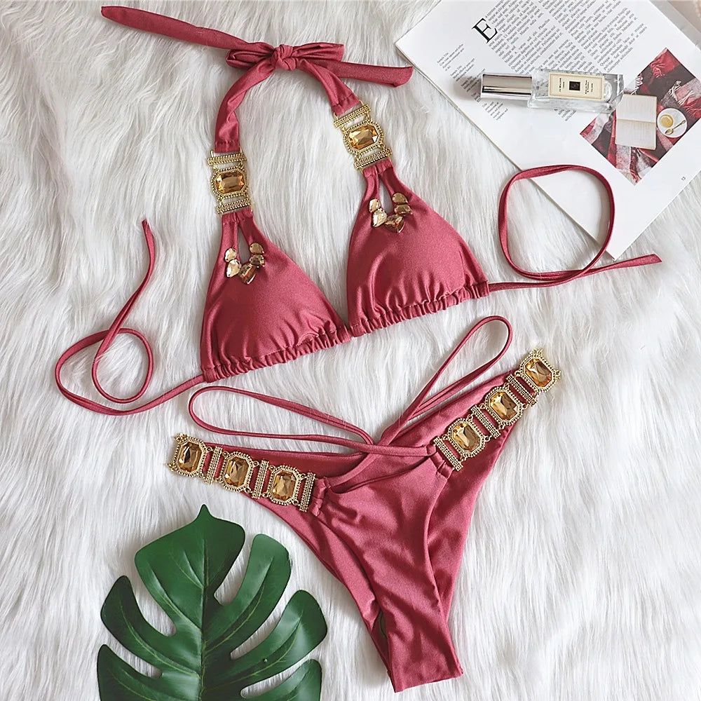 3 Colors Sexy Bikini Women Swimwear Swimsuit Luxe Crystal Diamond Halter Bandage Solid Bikinis Set Bathing Suit Beachwear Female