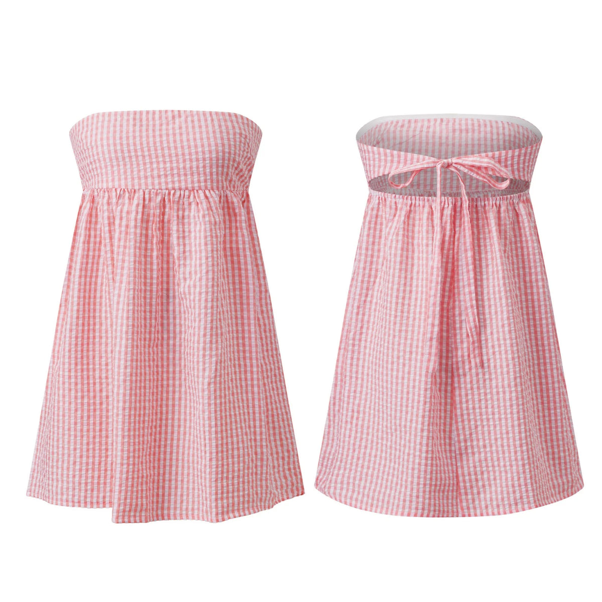 Women Tube Top Mini Dress Off Shoulder Strapless Plaid Bandeau Dress Summer Casual Boho Daily Dresses Streetwear