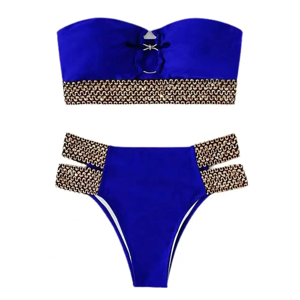 2Pcs/Set Women Bikini Set Ring Connection Off Shoulder Bathing Suit Elastic Waistband Backless High Cut Lady Beach Bikini Suit