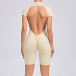 Seamless Yoga Jumpsuits Sports Fitness Hip-lifting Zipper Backless Short-Sleeved Dance One-piece Workout Gym Tracksuit for Women
