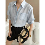 Turn-Down Collar Loose Short-Sleeve Shirt Women White Short Sleeve Shirt Chest Pocket V Neck Button Casual Summer Blouse H9EH