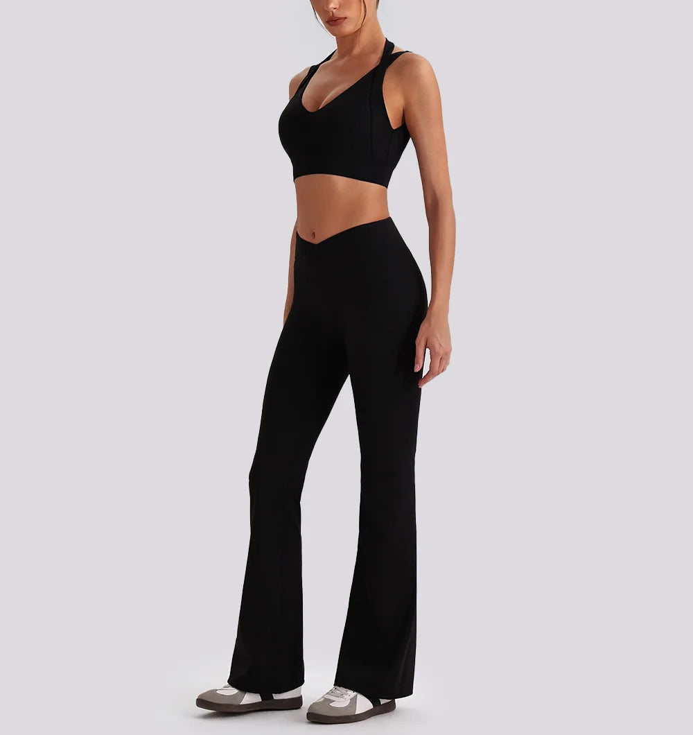 Women's Yoga Exercise Sets Women Backless Sports Tank Top V Shape High Waist Wide Leg Pants Fitness Gym Running Workout Clothes