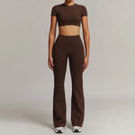 Women 2PCS Yoga Suit Sports Gym Set Tracksuit Workout Long Sleeve Shirt Fitness Flared leggings Short sleeve shorts running suit