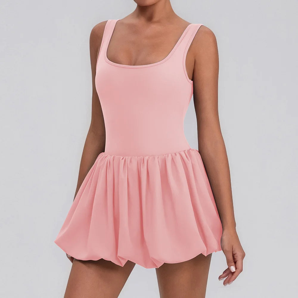 Summer One-piece Tennis Dress Women Fitness Fake Two-piece with Inner Separate Shorts Pockets Sleevesless Sports Pleated Skirt