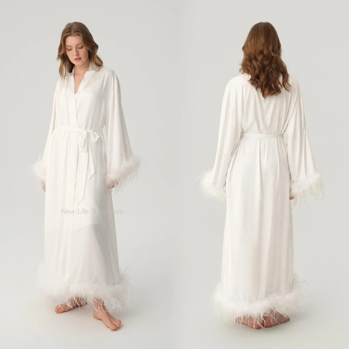 Satin Feather Trim Bridal Morning Gown for Women Long Sleeve Belted Maxi Robe Elegant Soft Home Bathrobe Sleepwear Loungewear