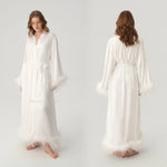 Satin Feather Trim Bridal Morning Gown for Women Long Sleeve Belted Maxi Robe Elegant Soft Home Bathrobe Sleepwear Loungewear