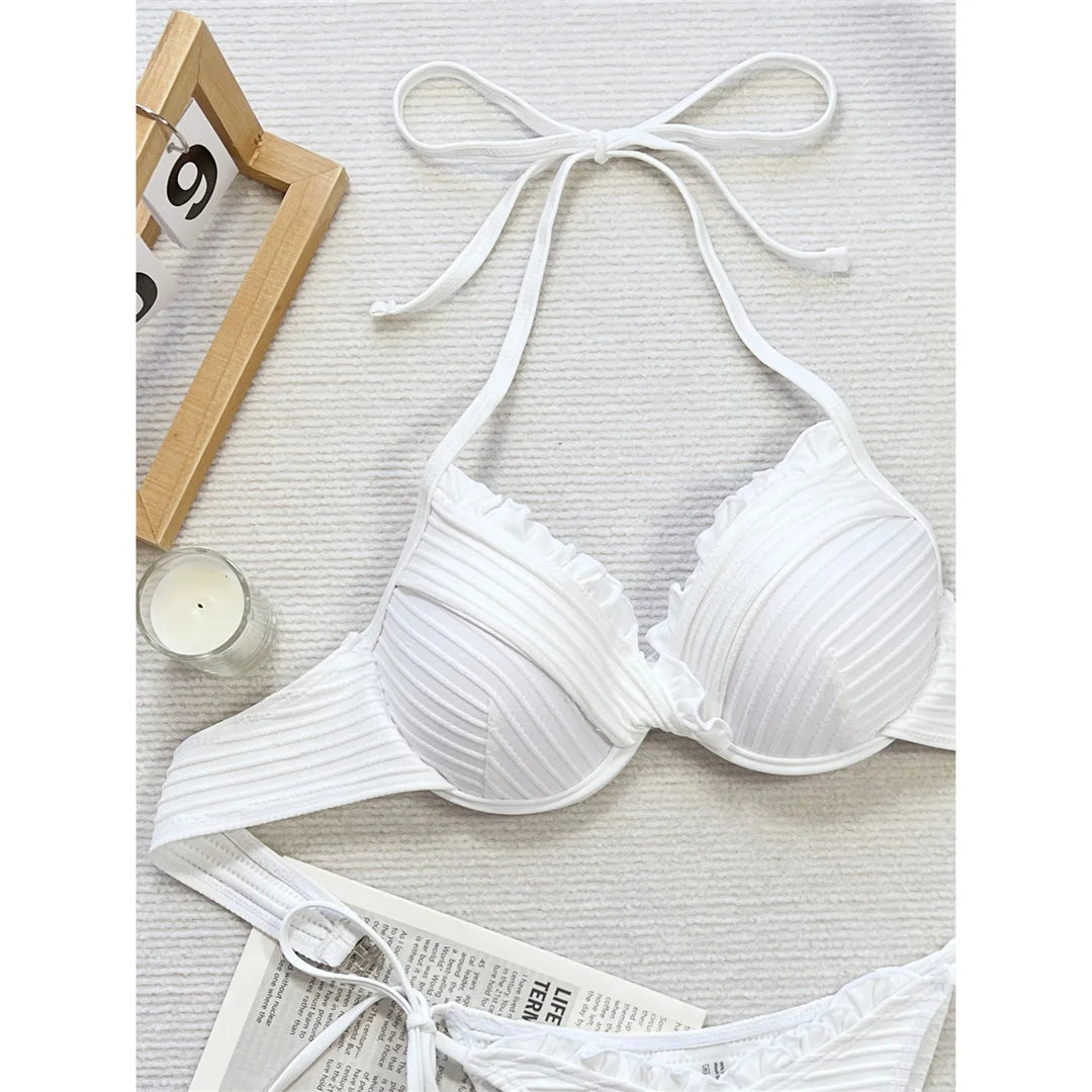 New Halter Frilled Underwired Bra Cup Bikini Women Swimwear Two-Pieces Bikini Set Female Swimsuit Bather Bathing Suit Swim V5837