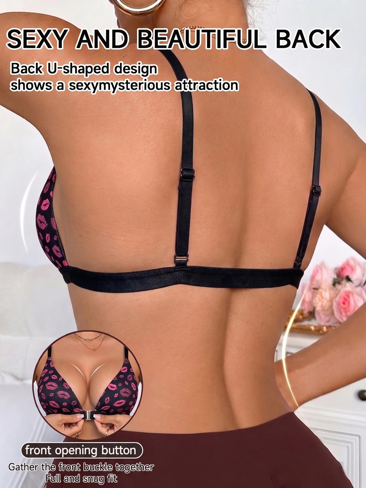 Lips Pattern Women Sexy Bra Front Closure Wireless Adjustable Straps Comfort Push‑Up Everyday Lingerie