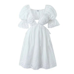 Foridol Lace Summer White Dress Women Puff Sleeve Embriodery Waist Cut Out Beach Short Sexy Cotton Dress Backless 2025 Sundress