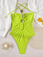 2026 Summer Women's One-piece Suit Swimwear Sexy Hollow Out Neck Lace-up Bodysuit Beachwear High Waist Push Up Bathing Suits