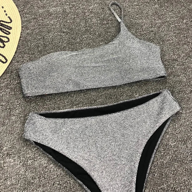 Sexy Shiny Sparkling One Shoulder Bikini Female Swimsuit Women Swimwear Two-pieces Bikini Set High Waist Bathing Suit Swim Lady