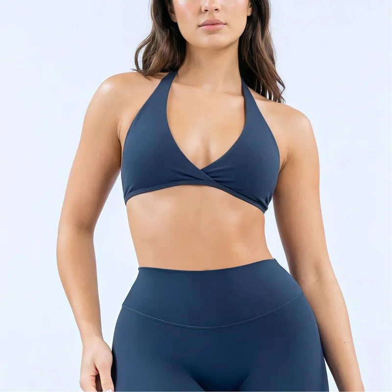 HISTELLO Origin Halter Bra Women Gym Underwear Removable Pads Sports Bra Backless Fitness Top Sexy Pilates Yoga Workout Clothing