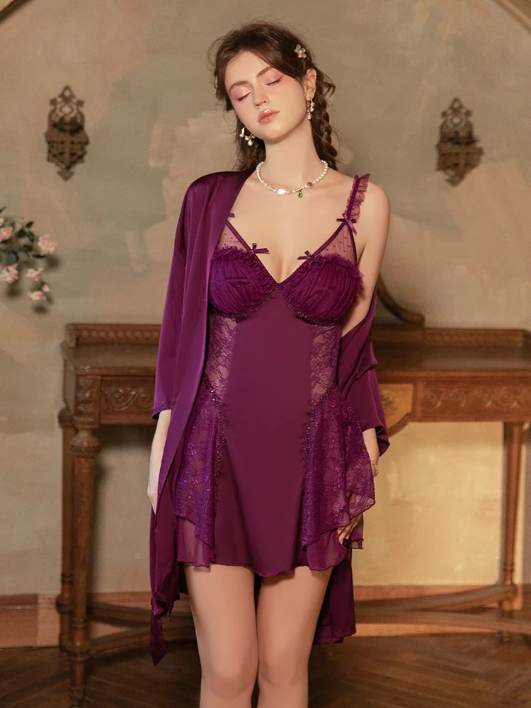 2pcs sexy Silky Satin Lace Sleepwear Hollowed out Seduction Gathered Detachable Chest Cushion Backless Nightgown Outer Robe Set