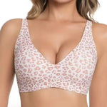 Leopard Print Deep V Seamless Wire-free Everyday Bra Comfortable and Breathable Full Cup Support Pink Leopard Print Bra Sostén