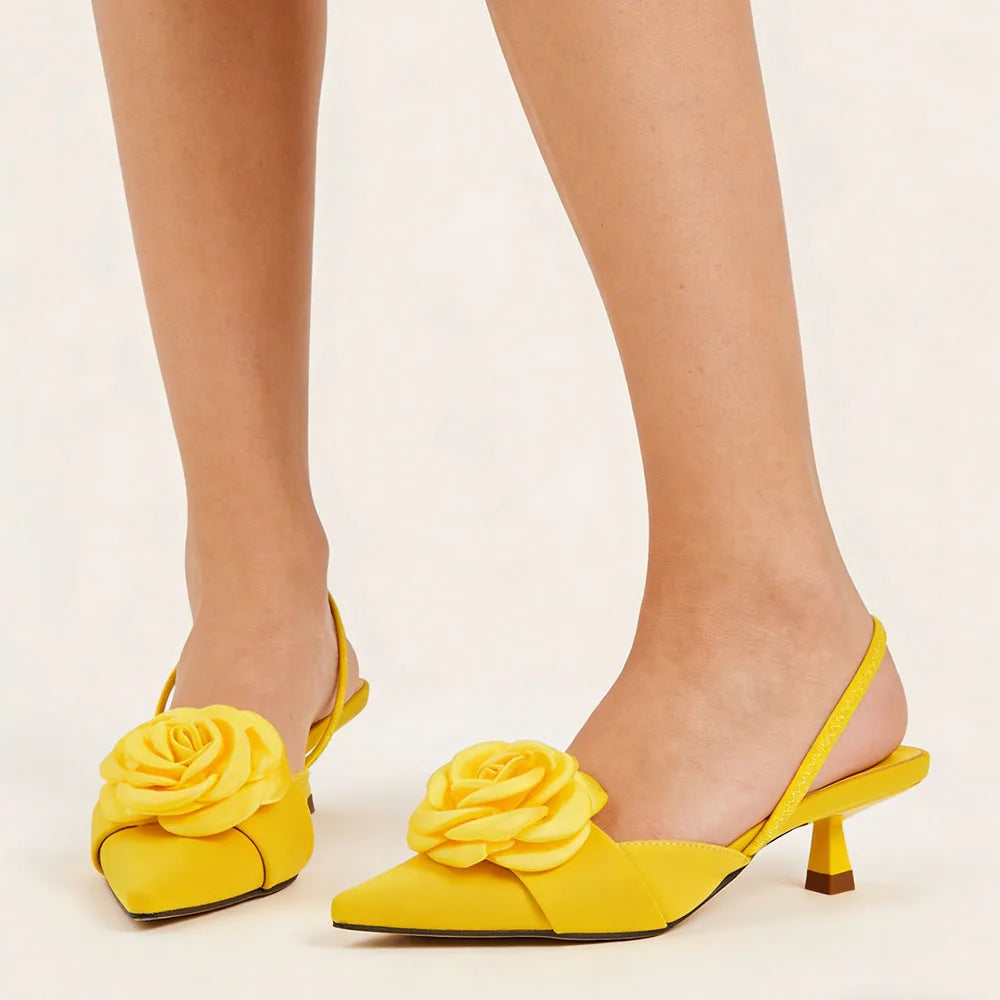 2026 Big Size 43 Summer Women's Pointy Toe Kitten Heels Slingback Satin Sandals Elegant Sandal Rose Flower Office Lady Shoes