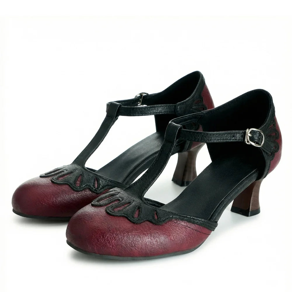 Big Size 32-50 Women's Vintage Cutout T-Strap Sandals Round Toe 6cm Kitten Heel Summer Casual Dance Shoes Black/Brown/White