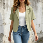 Women Cropped Short Sleeve Blazer Jacket Lapel Collar Buttons Loose Solid Suit Coat Summer Casual Office Outerwear With Pocket