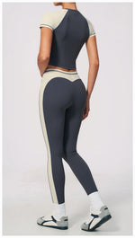 Nake Yoga Set Women's Tracksuit Color Contrast Short Sleeve Slim Sports T Shirts High Waist Leggings Fitness Clothes Gym Outfits