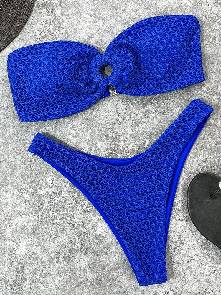 Sexy Fishnet Strapless Bandeau Bikini Women Swimsuit Female Swimwear Two-pieces Bikini set High Cut Bather Bathing Suit Swim