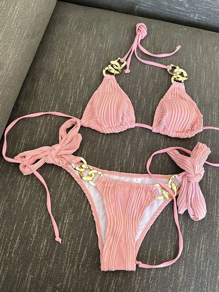 Halter Metal Rings Bikinis Wrinkled Bikini Female Swimsuit Women Swimwear Two-pieces Bikini Set High Cut Bathing Suit Swim Lady