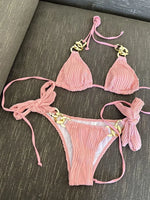 Halter Metal Rings Bikinis Wrinkled Bikini Female Swimsuit Women Swimwear Two-pieces Bikini Set High Cut Bathing Suit Swim Lady