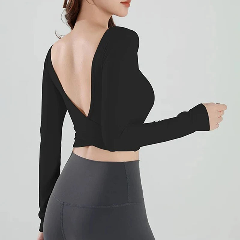 Women's Long Sleeve Yoga Top Cross Back Fitness Exercise Suit Fixed Chest Cushion Comfortable Sports Bra Top