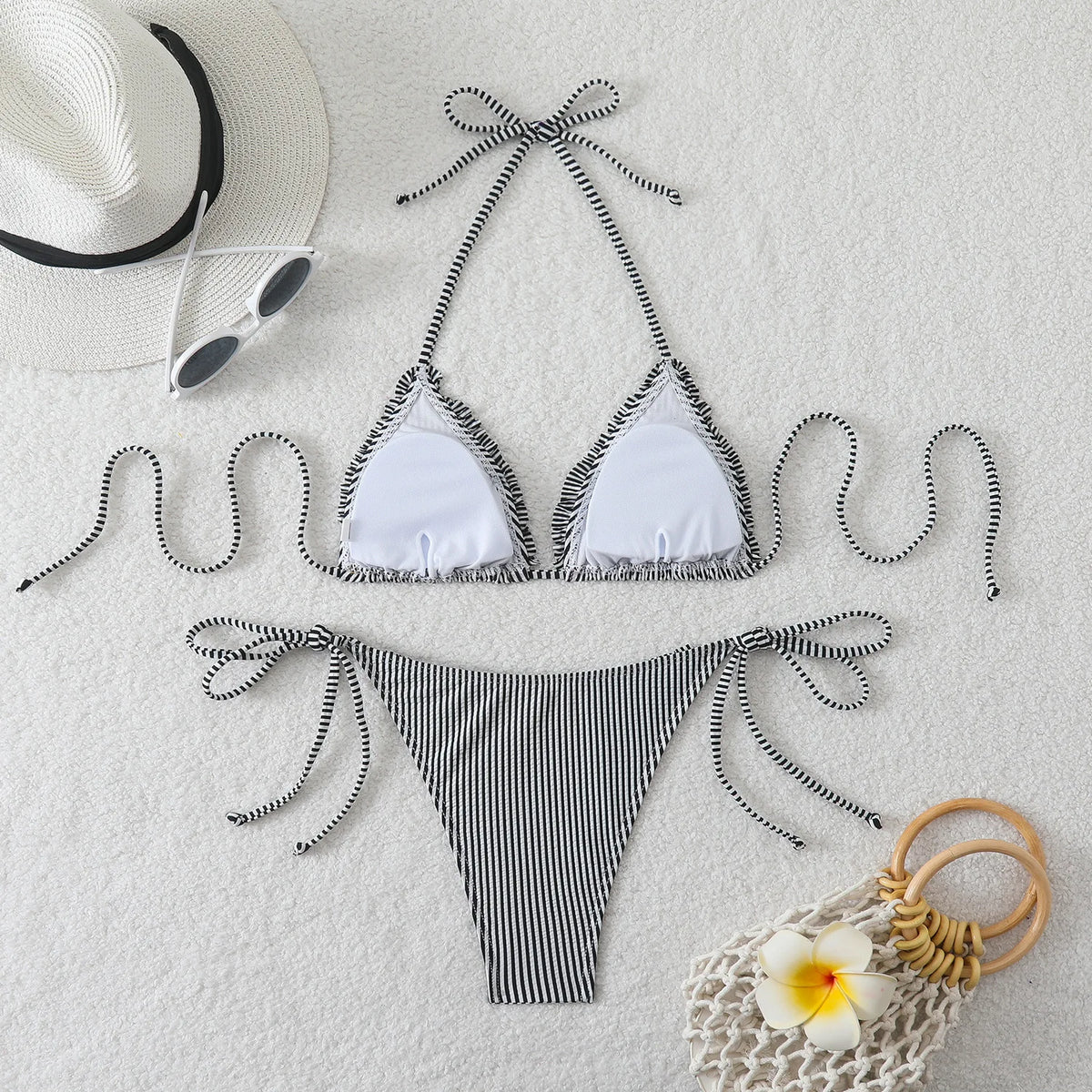 New Sexy Blue Striped String Bikinis Two Pieces Swimsuit Women Swimwear Halter Beach Wear Swim Bathing Suits Frill Bikini Set