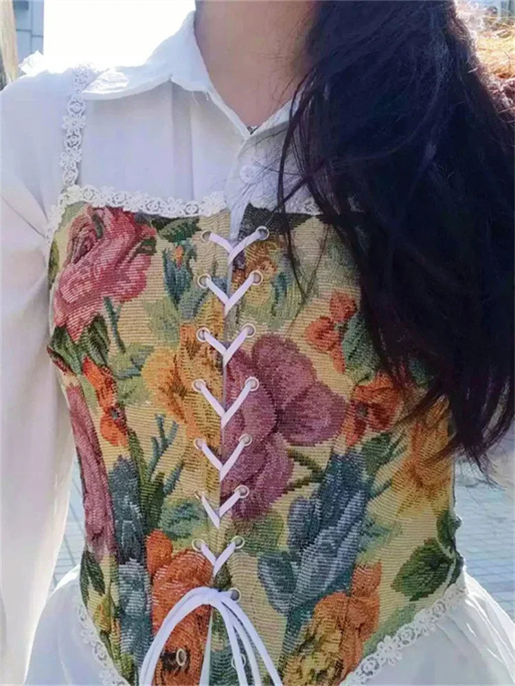 Women Retro Jacquard Corset Lace Floral Trim Bandage Bustier Crop Tops Boat Neck Irregular Camisole Tank Tops Female