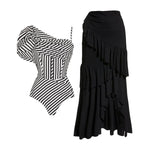 New 2Pcs Black Hollow Swimsuit Women Sexy Swimwear With Midi Skirt Push Up Bikini Female Biquini Bathingsuit Bodysuit Beachwear
