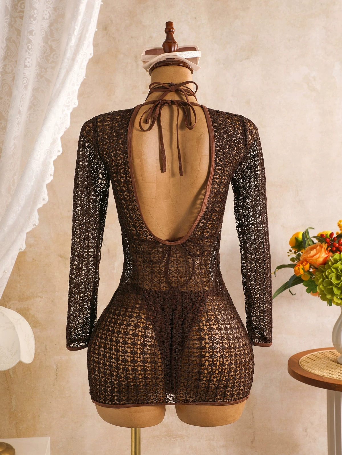 DEKA Sexy Hollow Out Long Sleeve Bikini Set Coffee Mesh Cover Up 3 Piece Swimsuit 2026 Women Push Up Bathing Suit Thong Swimwear