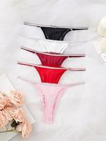 New Women Lace Trim Thong Panties Silver Ribbon Panel Low Rise Sexy G-string Breathable Stretch Skin Friendly Intimate Underwear