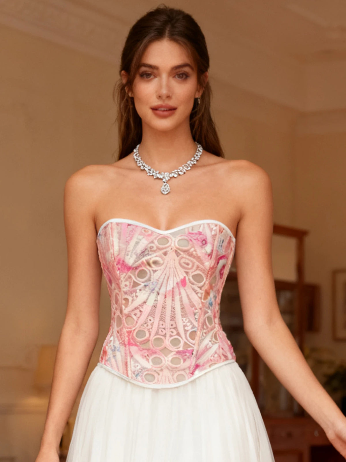 Women’s Tie-Dye Lace Boned Bustier, Sexy Strapless Corset Top, Hollow-out Breathable Slimming Shapewear