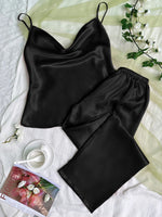 Solid Satin Pajama Set Draped Collar Cami Top Elastic Waistband Pants Women's Sleepwear Loungewear