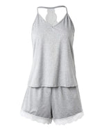 Summer Crochet Lace 2 Pieces Pajamas Set for Women Sleepwear Sleeveless V-Neck Tops and Shorts Casual Suit