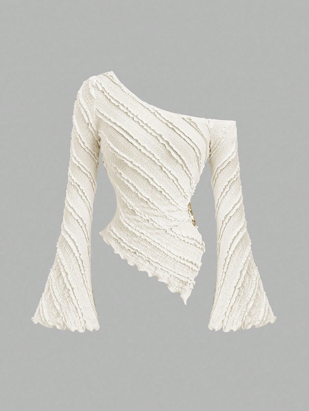 Women's Casual Textured Fabric Asymmetric Hem Flared Sleeves Blouse Commute Side Metal Decor One Shoulder Tops Spring/Fall 2026