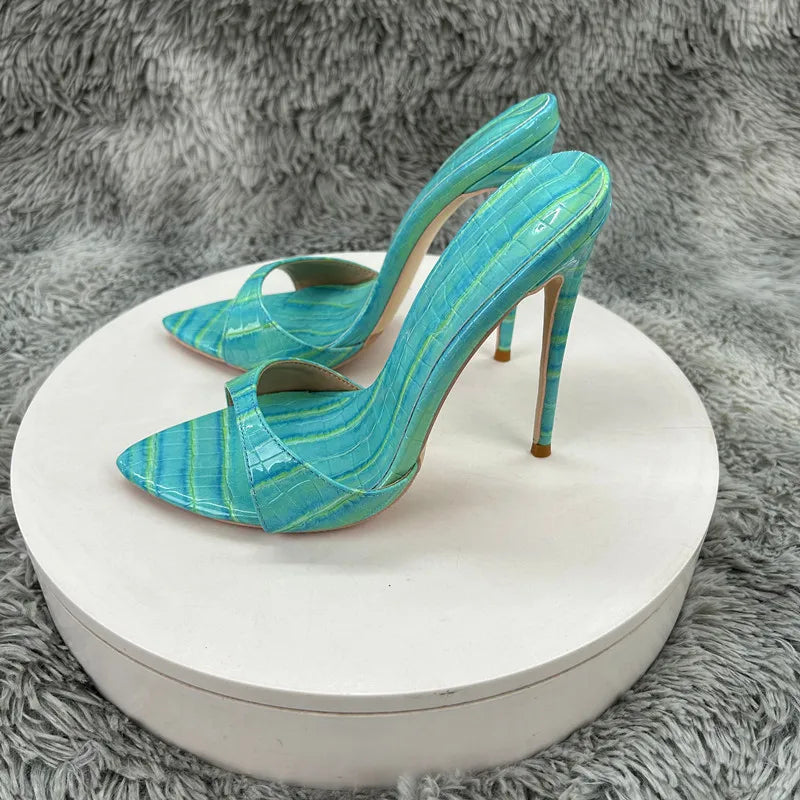 Women's Turquoise Croc Embossed Patent Leather Pointed Toe Stiletto Mules - Slip-On Open Toe High Heel Sandals for Summer Party
