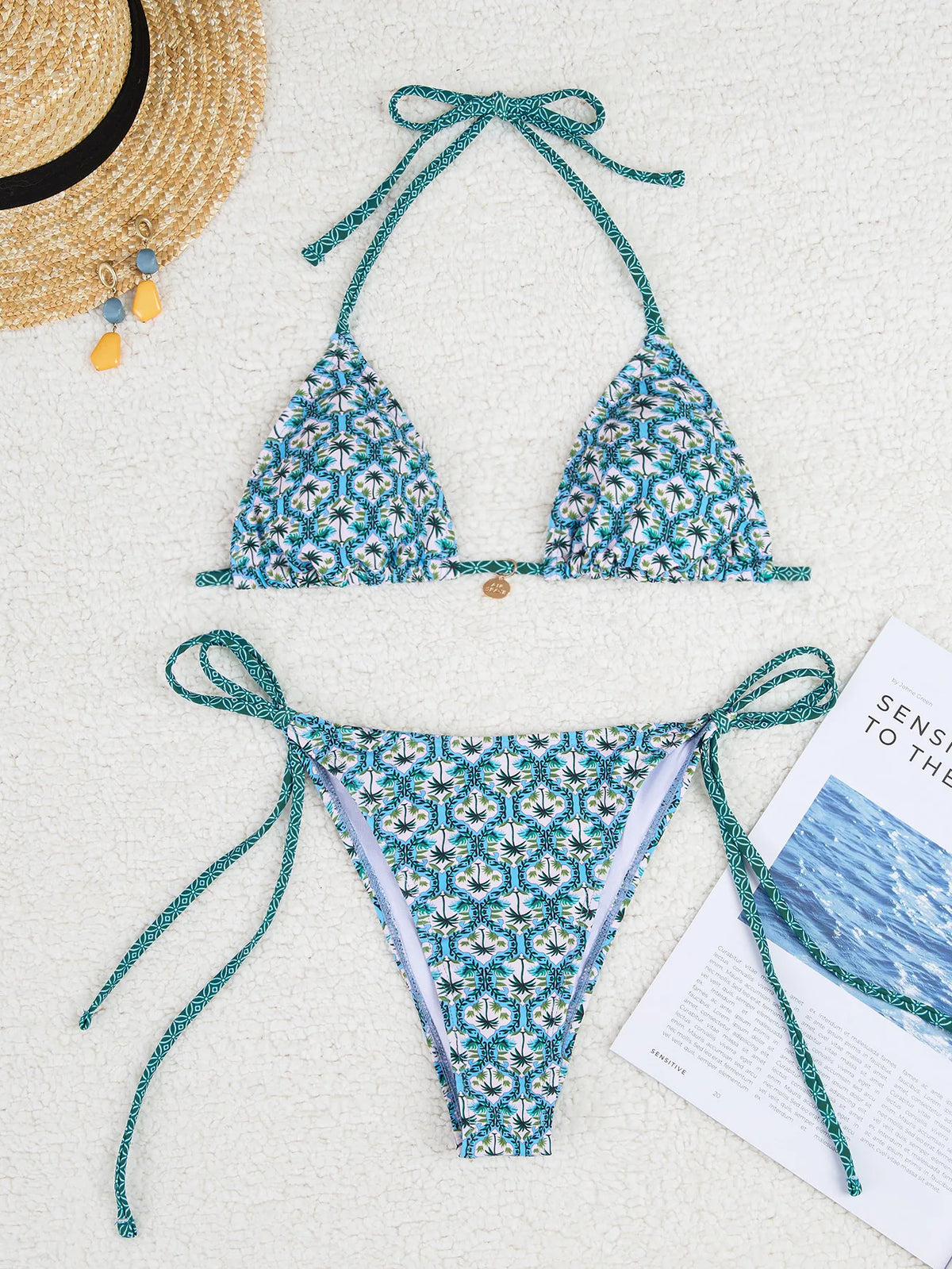 Blue Floral Print 2 Piece Micro Bikini Set for Women 2025 New Push Up Bra Thong Swimsuit Beach Bathing Suit Holiday Swimwear