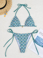 Blue Floral Print 2 Piece Micro Bikini Set for Women 2025 New Push Up Bra Thong Swimsuit Beach Bathing Suit Holiday Swimwear