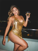 Women Glitter Sexy Dress Sleeveless Backless Halter Low Cut Split Short Dress See Through Party Club Sexy Dresses Female Summer