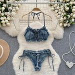 Bathing Suit Women Sexy Denim Suits Bikini Set Lace Up Drawstring Beachwear 2025 Solid Summer Vintage Two-pieces Swimwear