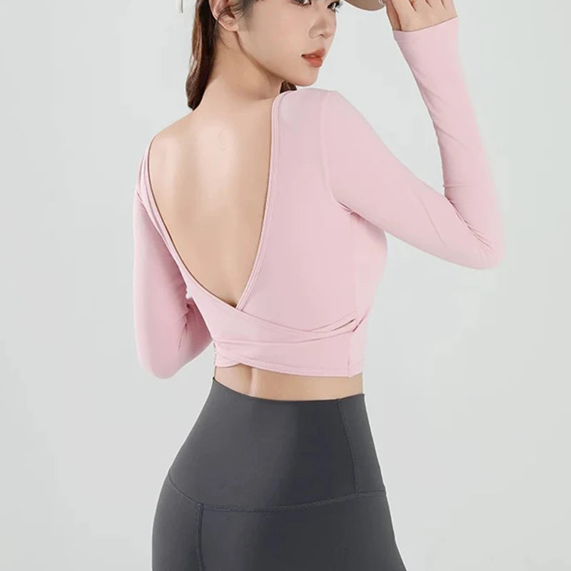 Women's Long Sleeve Yoga Top Cross Back Fitness Exercise Suit Fixed Chest Cushion Comfortable Sports Bra Top