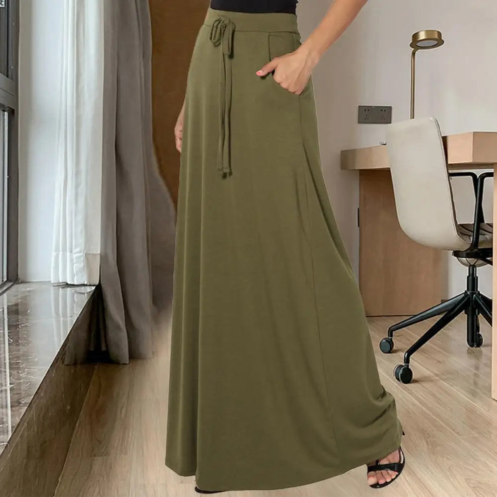 Women Maxi Skirt Adjustable Drawstring High-Waisted Solid Color Long Skirt with Pockets Casual Work Skirt Skirts for women