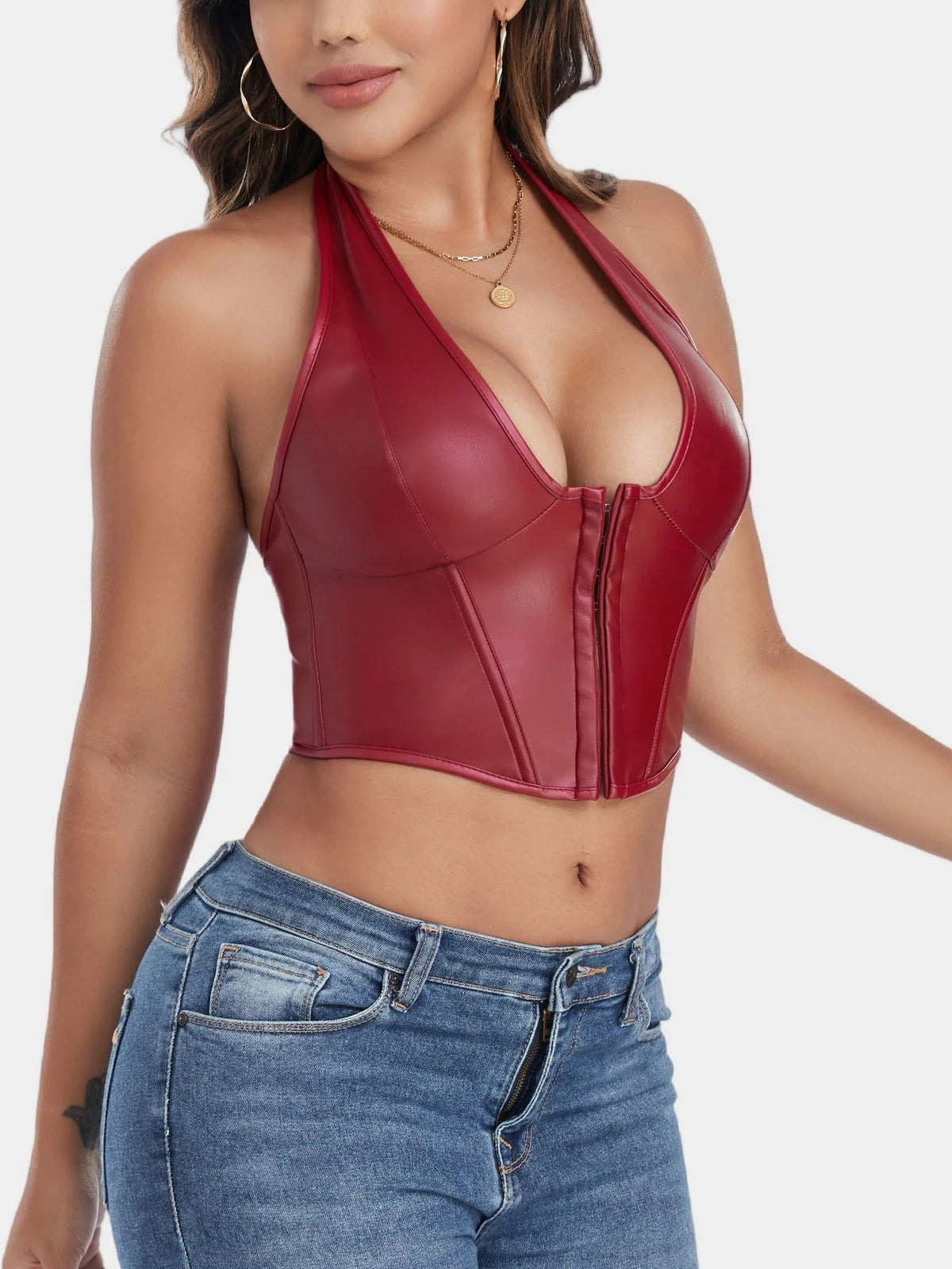 Pure Color Fishbone Shapewear Top Women's PU Leather Neck Buttoned Vest Market Style Underwear And Clothing