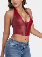 Pure Color Fishbone Shapewear Top Women's PU Leather Neck Buttoned Vest Market Style Underwear And Clothing