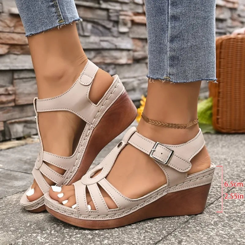 Women's High Heel Sandals 2026Summer New Wedge Heel Sandals Retro Leather Sandals Ladies Casual Platform Sandal Sandalias Mujer