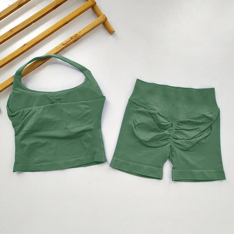 Yoga 2 Pieces Gym Set Women Backless Halter Tops High Waist Seamless Shorts Gym Suit Fitness Sports Bras Sportswear Workout Sets