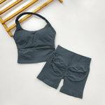 Yoga 2 Pieces Gym Set Women Backless Halter Tops High Waist Seamless Shorts Gym Suit Fitness Sports Bras Sportswear Workout Sets