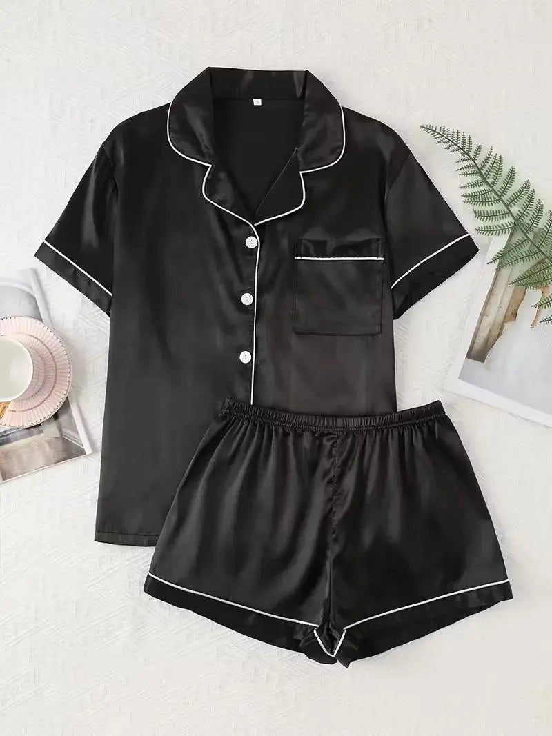 Summer Silk Satin Pajamas Set Womens Short Sleeve Turn-down Collar Button Top & Shorts Sleepwear Loungewear Nightwear