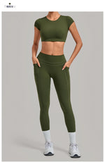 Yoga Set Women's Tracksuit Short Sleeve Back Hollow Out Sports Top Athletic Wear Tight High Waist Pocket Leggings Fitness Suits