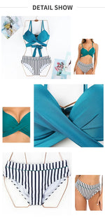 3 Colors Sexy Bikini Women Push Up Swimwear Swimsuit Striped Leaves Print Cross Straps Bowknot Backless High Waist Bikinis Set